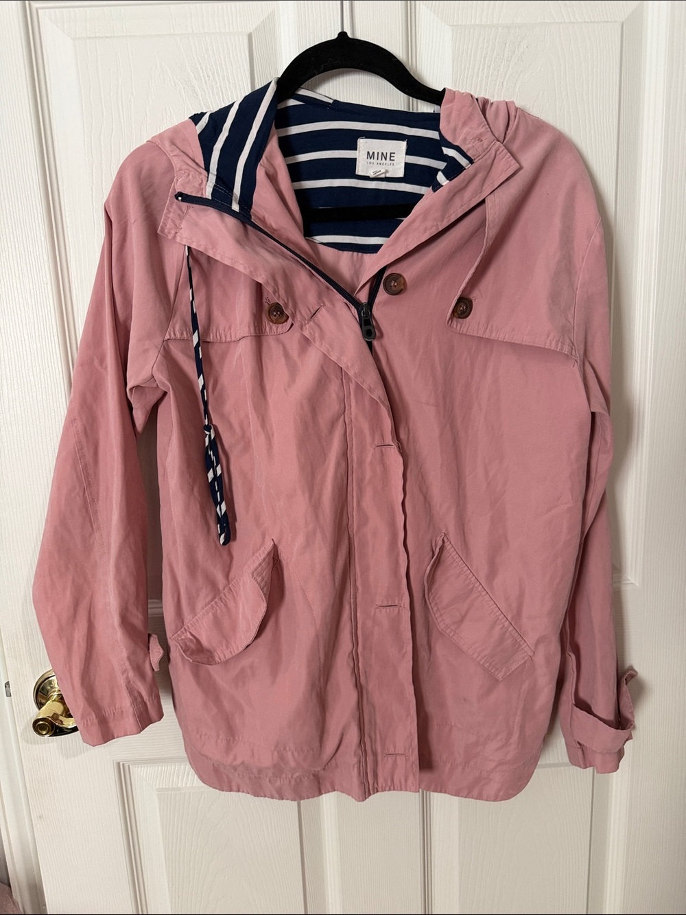 MINE Pink Hooded Jacket with Navy Stripe Lining small oversized fit